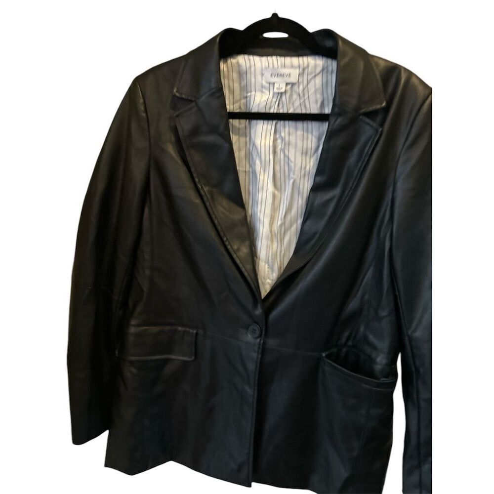 Evereve Women's Black Leather Jacket Size L Mid-Length Button-Up